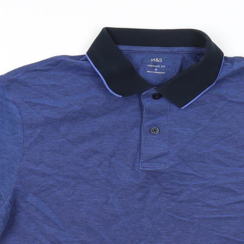 Marks and Spencer Mens Blue Cotton Polo Size M Collared Button