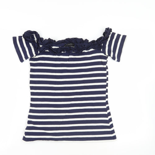 Dorothy Perkins Womens Blue Striped Cotton Basic T-Shirt Size 8 Off the Shoulder - Ruffle