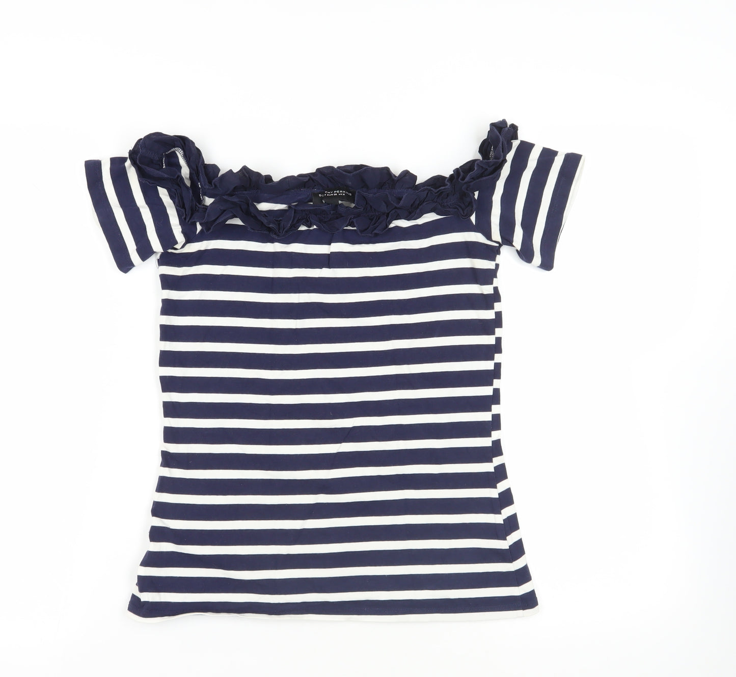 Dorothy Perkins Womens Blue Striped Cotton Basic T-Shirt Size 8 Off the Shoulder - Ruffle