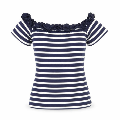 Dorothy Perkins Womens Blue Striped Cotton Basic T-Shirt Size 8 Off the Shoulder - Ruffle