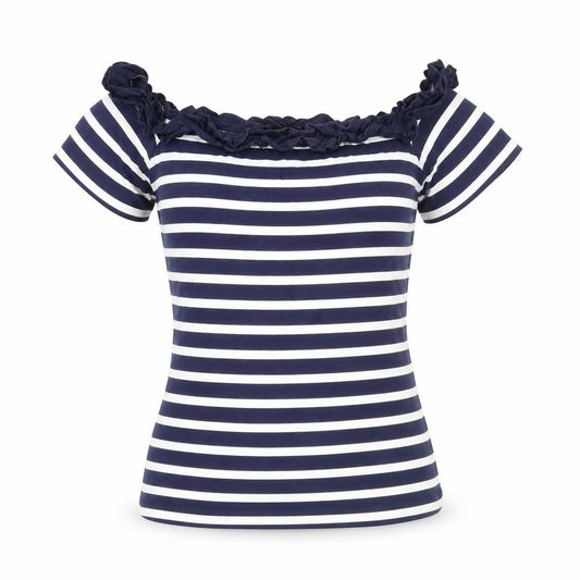 Front view of Dorothy Perkins women’s blue striped cotton basic t-shirt, size UK 8, off the shoulder - ruffle