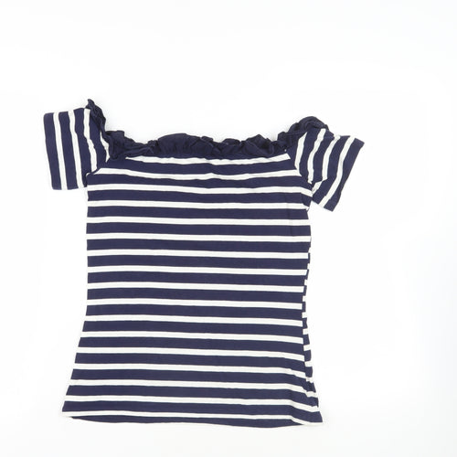 Dorothy Perkins Womens Blue Striped Cotton Basic T-Shirt Size 8 Off the Shoulder - Ruffle