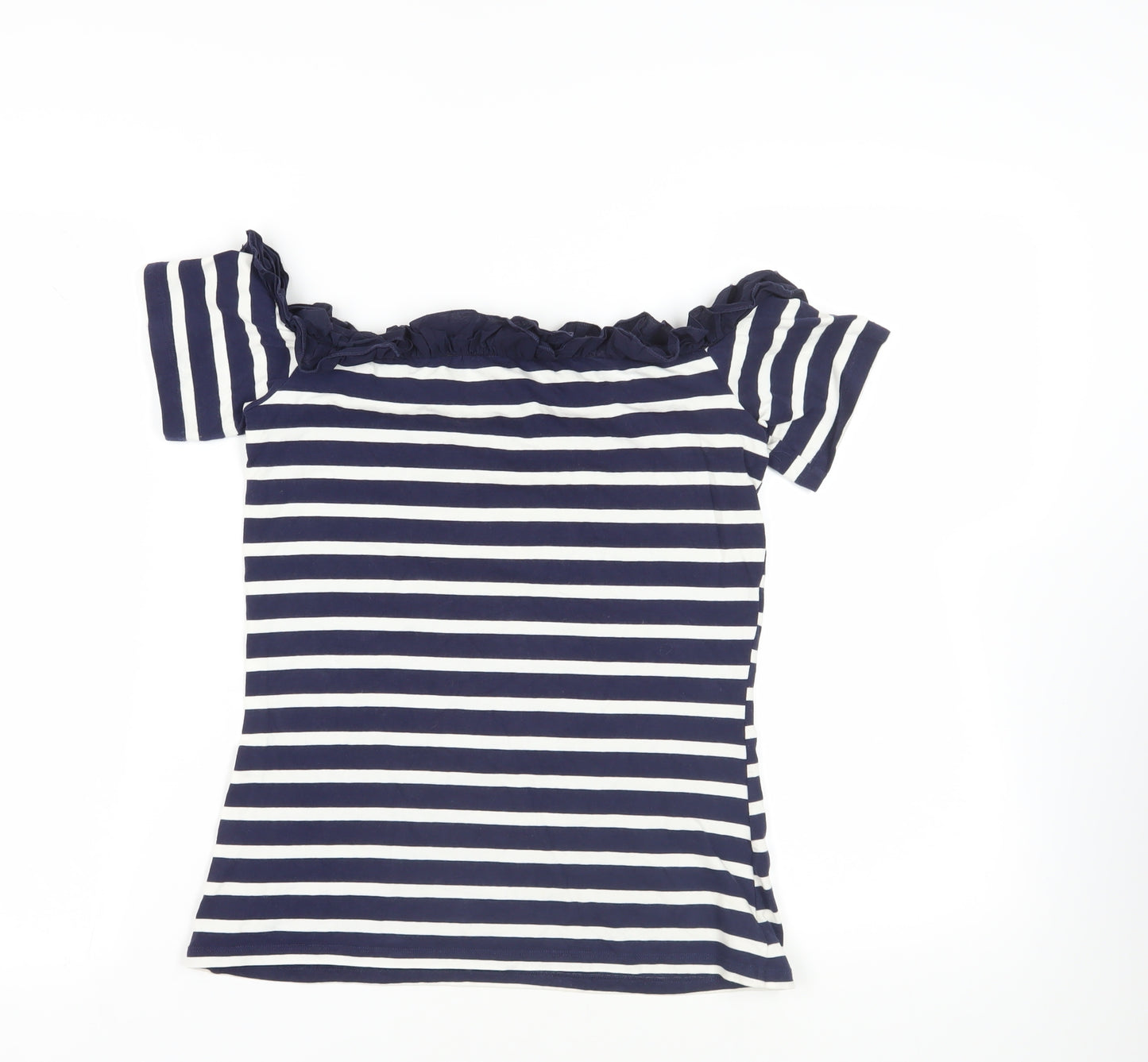 Dorothy Perkins Womens Blue Striped Cotton Basic T-Shirt Size 8 Off the Shoulder - Ruffle