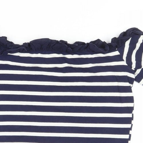 Dorothy Perkins Womens Blue Striped Cotton Basic T-Shirt Size 8 Off the Shoulder - Ruffle