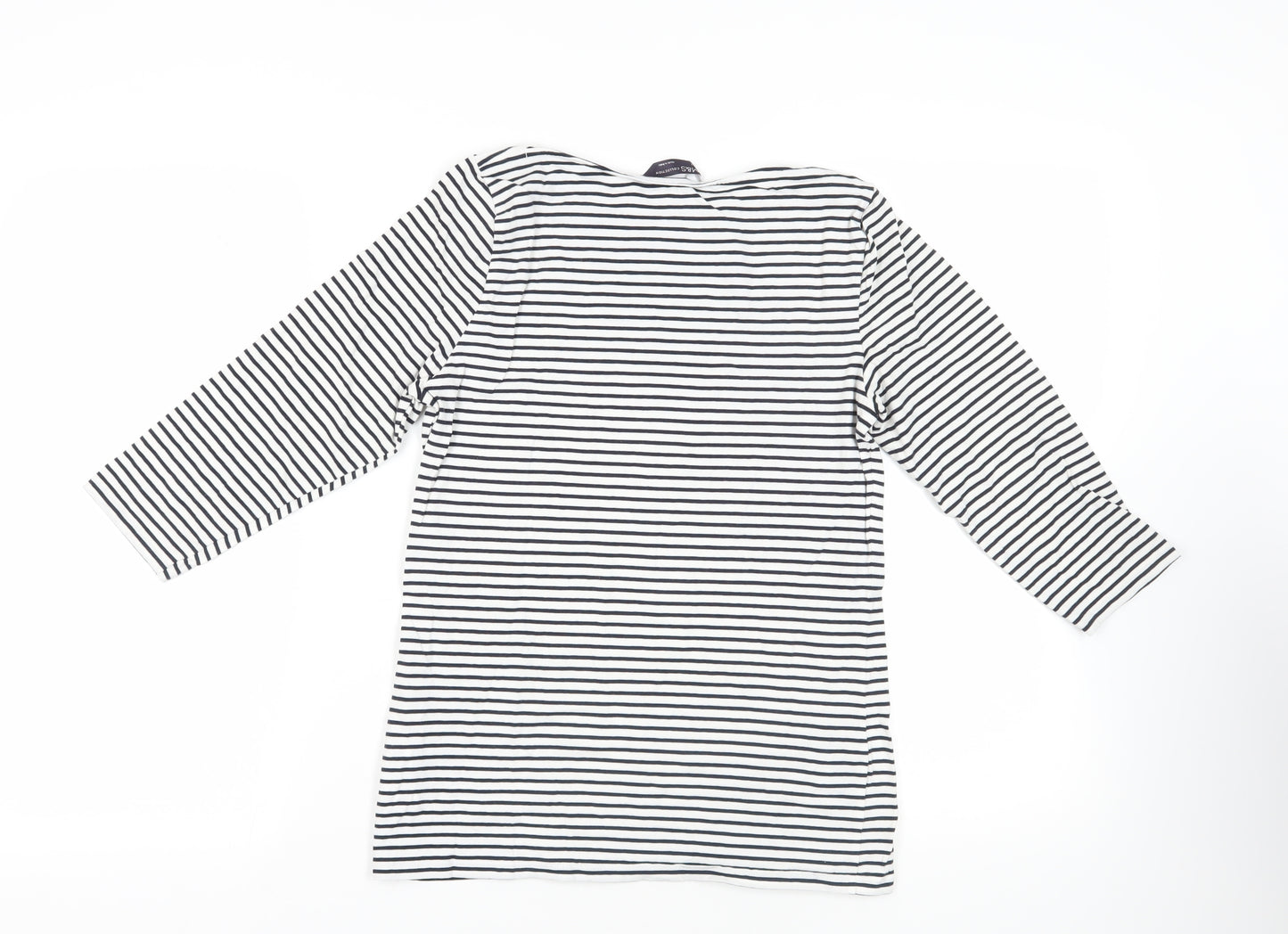 Marks and Spencer Womens White Striped Cotton Basic T-Shirt Size 12 Boat Neck