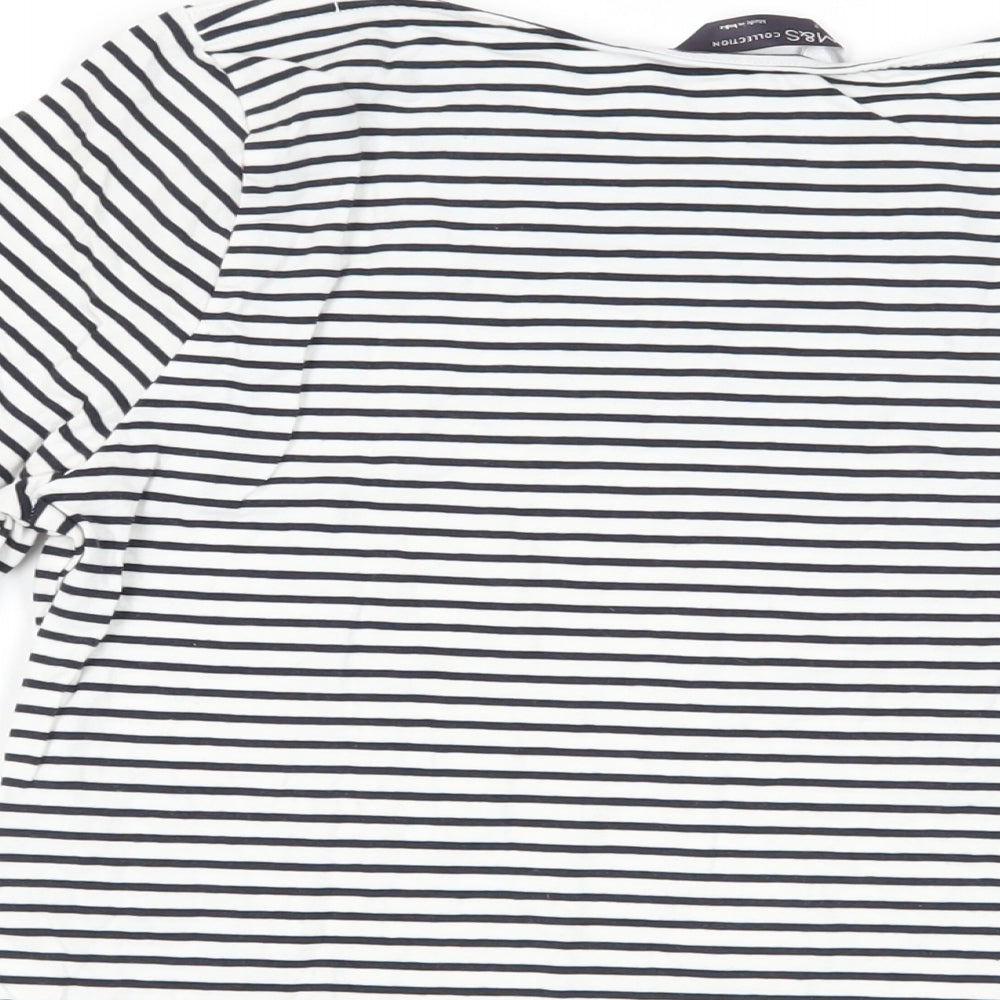 Marks and Spencer Womens White Striped Cotton Basic T-Shirt Size 12 Boat Neck