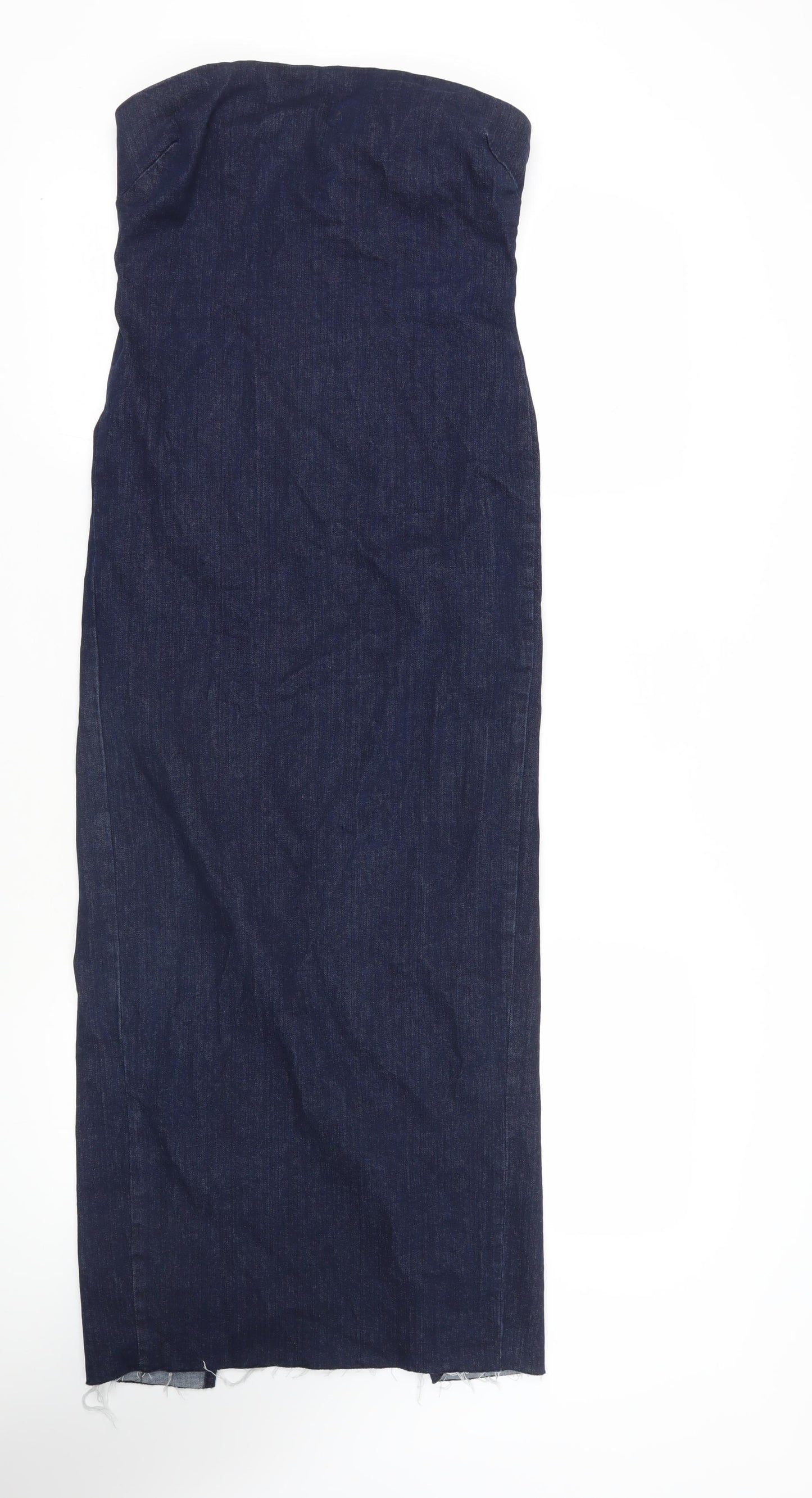 Zara Womens Blue Cotton Maxi Size L Off the Shoulder Zip - Raw Hem Strapless