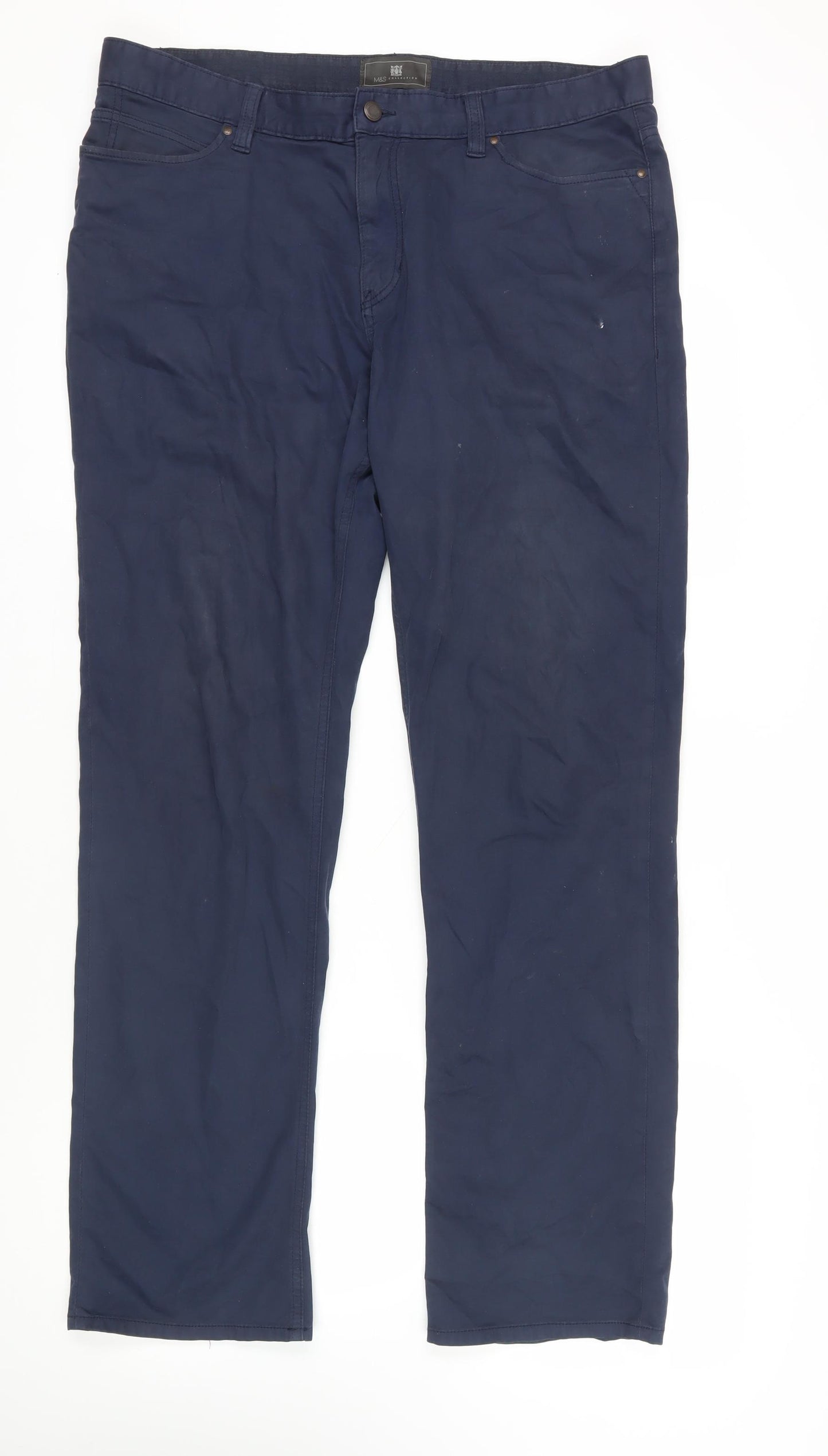 Marks and Spencer Mens Blue Cotton Trousers Size 36 in L33 in Regular Zip