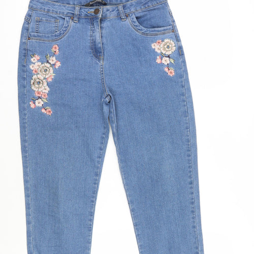 Bonmarché Womens Blue Cotton Cropped Jeans Size 12 L23 in Regular Zip - Embroidered Flowers