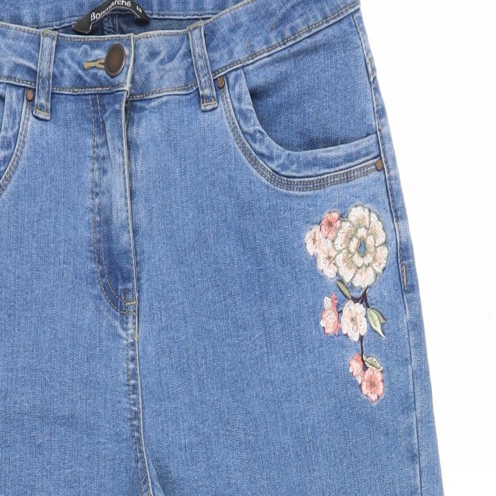 Bonmarché Womens Blue Cotton Cropped Jeans Size 12 L23 in Regular Zip - Embroidered Flowers