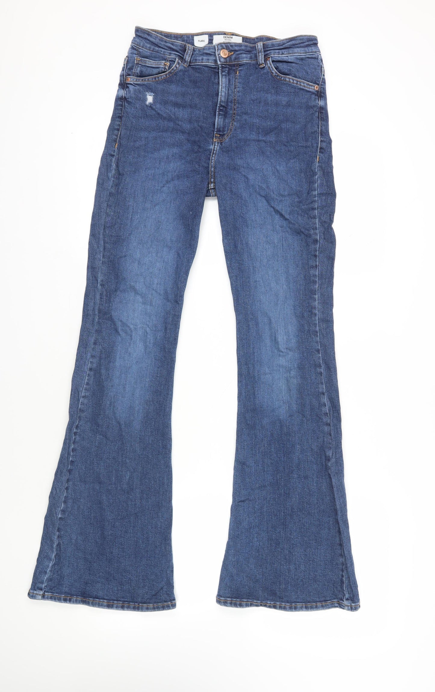 Bershka Womens Blue Cotton Flared Jeans Size 12 L33 in Regular Zip