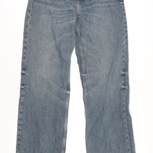 Zara Womens Blue Cotton Straight Jeans Size 12 L32 in Regular Zip - Raw Hem