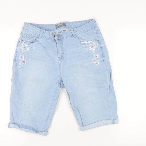 Dorothy Perkins Womens Blue Cotton Basic Shorts Size 14 L12 in Regular Zip - Embroidered Flowers