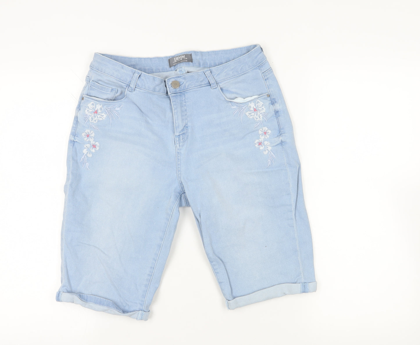 Dorothy Perkins Womens Blue Cotton Basic Shorts Size 14 L12 in Regular Zip - Embroidered Flowers