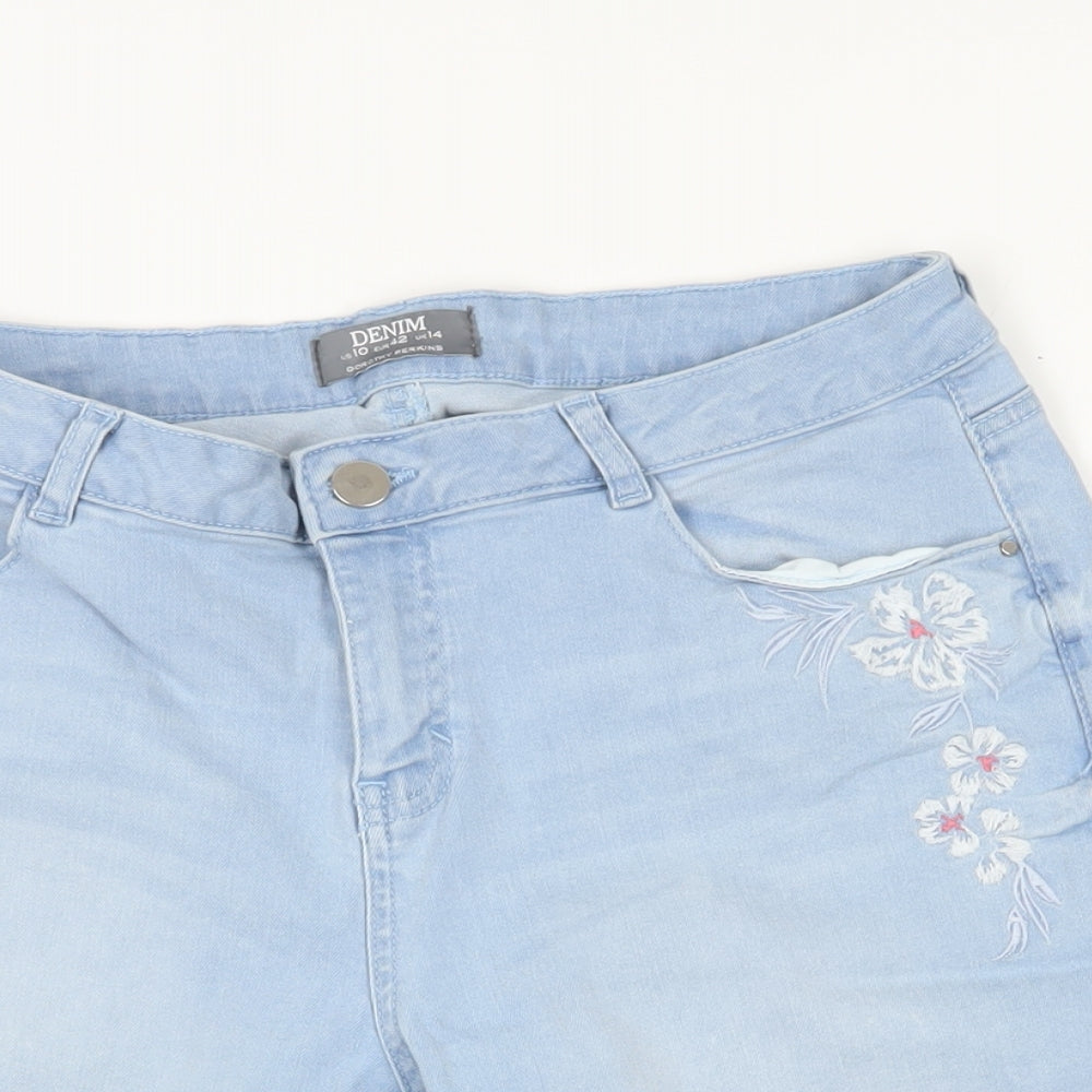 Dorothy Perkins Womens Blue Cotton Basic Shorts Size 14 L12 in Regular Zip - Embroidered Flowers