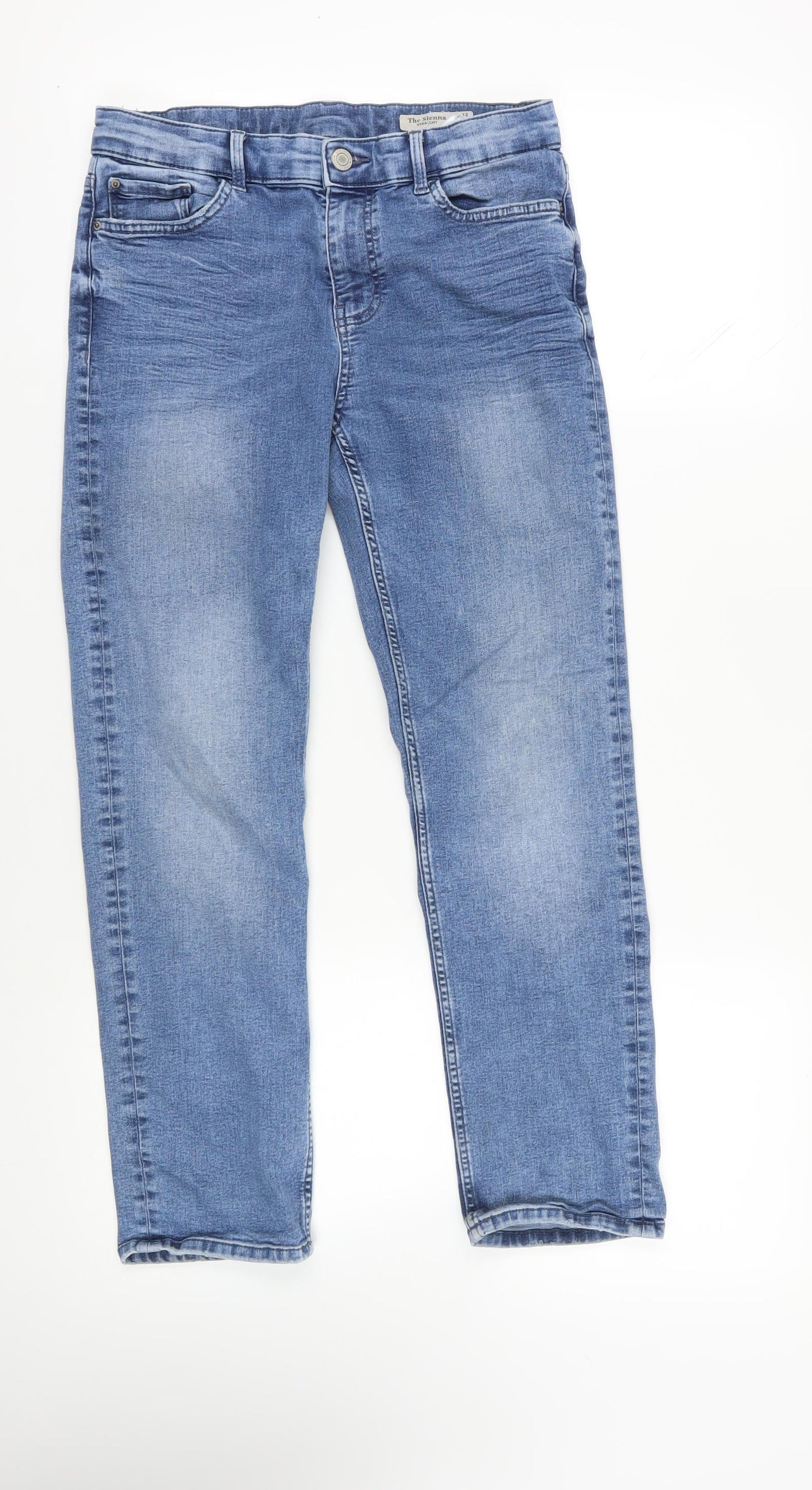 Marks and Spencer Womens Blue Cotton Straight Jeans Size 12 L27 in Regular Zip - Short Lenght