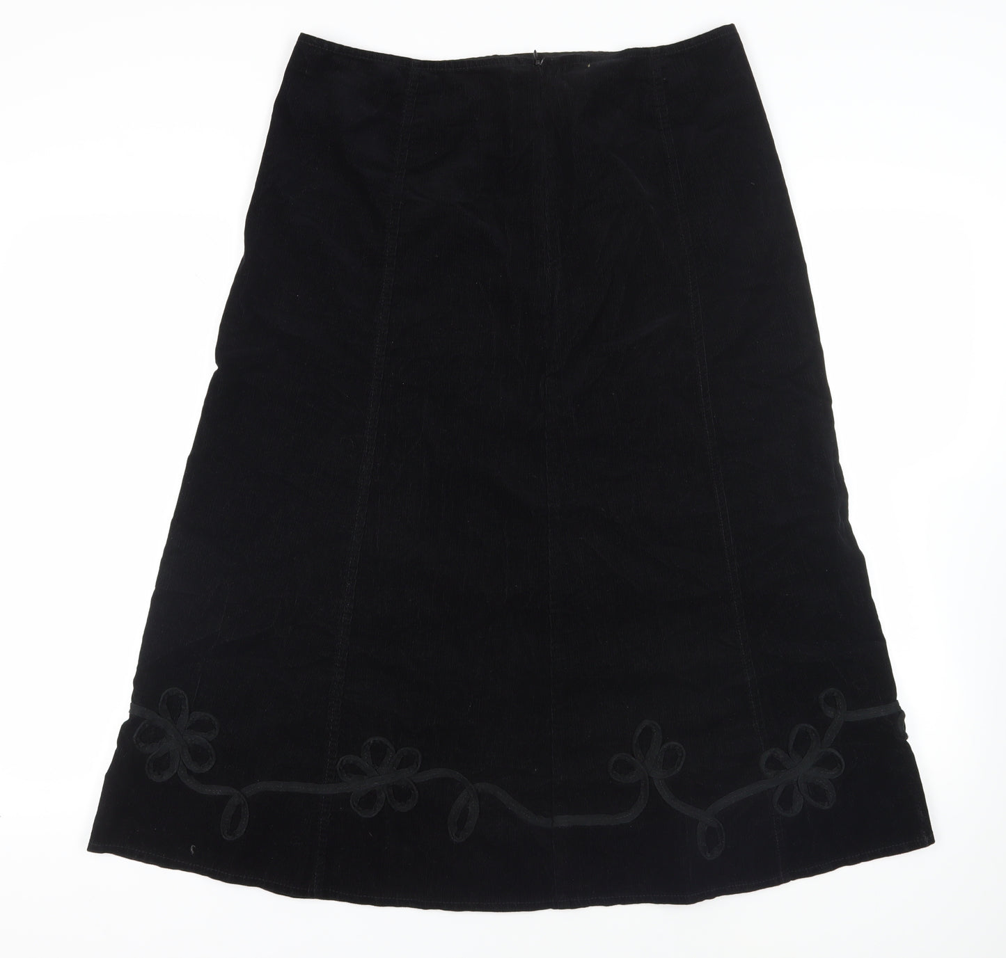 Marks and Spencer Womens Black Cotton A-Line Skirt Size 16 Zip - Decorative Trim