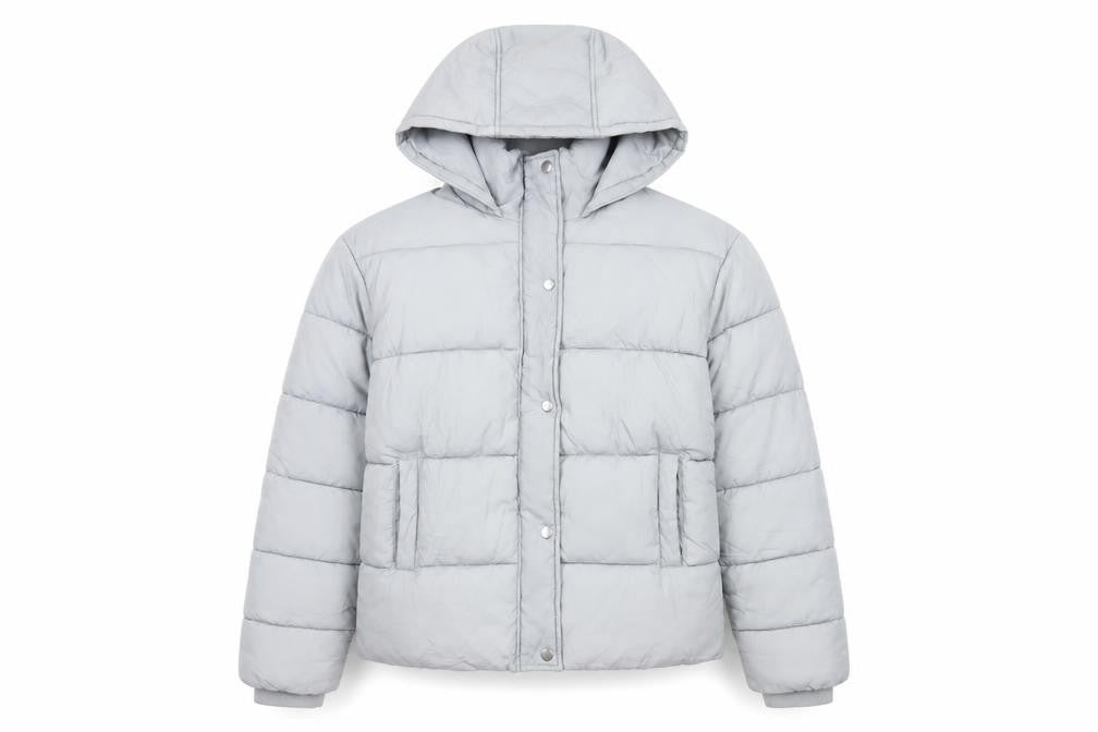 Front view of PRETTYLITTLETHING women’s grey puffer jacket jacket, size UK 8, zip - hooded
