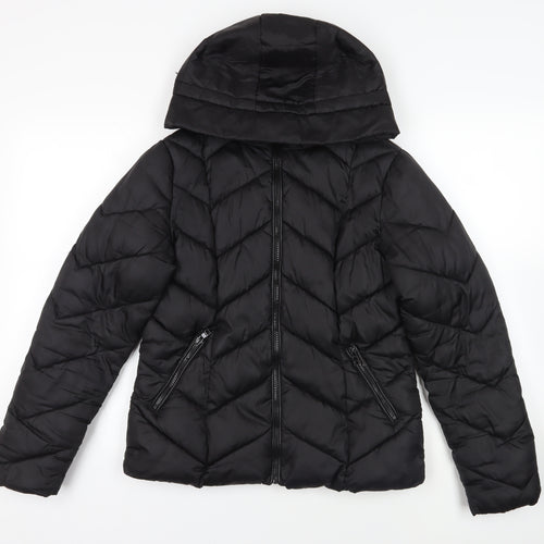 New Look Womens Black Quilted Jacket Size 12 Zip - Hooded Zipped Pockets