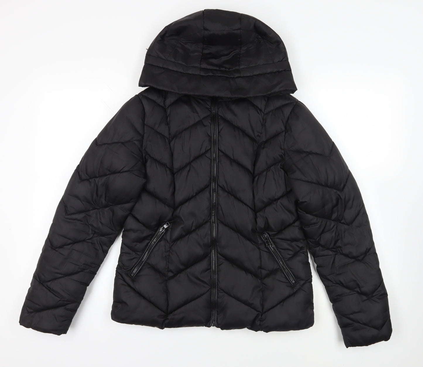 New Look Womens Black Quilted Jacket Size 12 Zip - Hooded Zipped Pockets