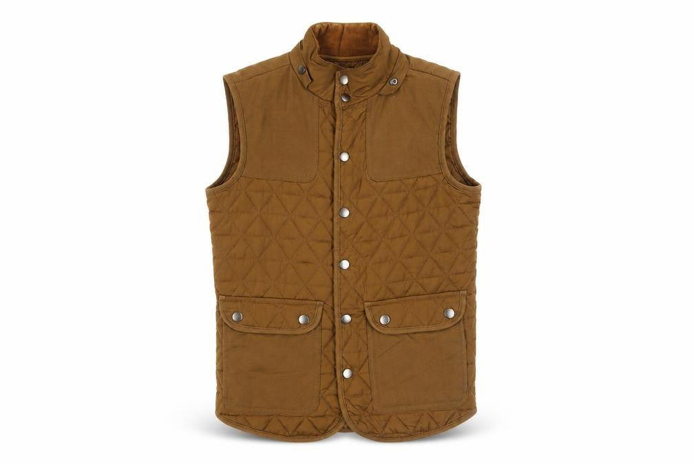 Front view of River Island men’s brown gilet jacket, size XS, snap