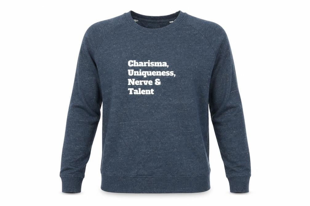 Front view of Stanley / Stella men’s blue cotton pullover sweatshirt, size L, - slogan