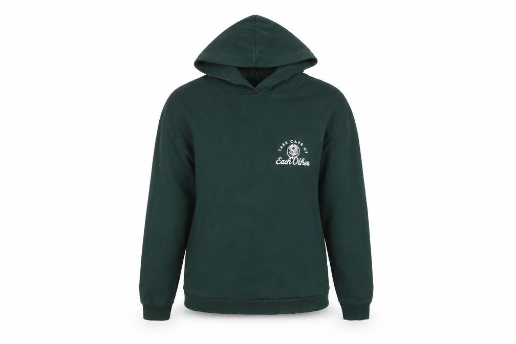 Front view of ASOS women’s green cotton pullover hoodie, size UK 4, pullover - embroidered slogan