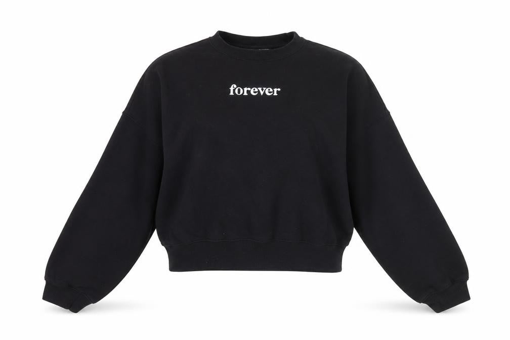 Front view of Divided by H&M women’s black cotton pullover sweatshirt, size S, - forever friends