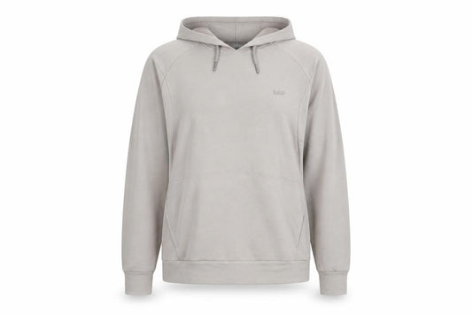 Front view of Myprotein women’s beige polyester pullover hoodie, size M, pullover - logo pockets
