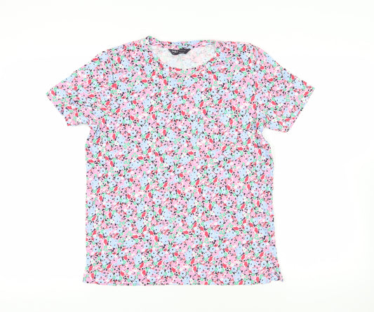 Marks and Spencer Womens Multicoloured Floral Cotton Basic T-Shirt Size 10 Crew Neck - Pocket Detail