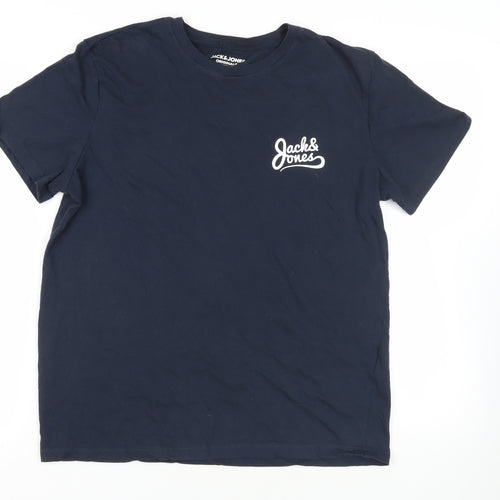 JACK & JONES Mens Blue Cotton T-Shirt Size XL Crew Neck - Logo