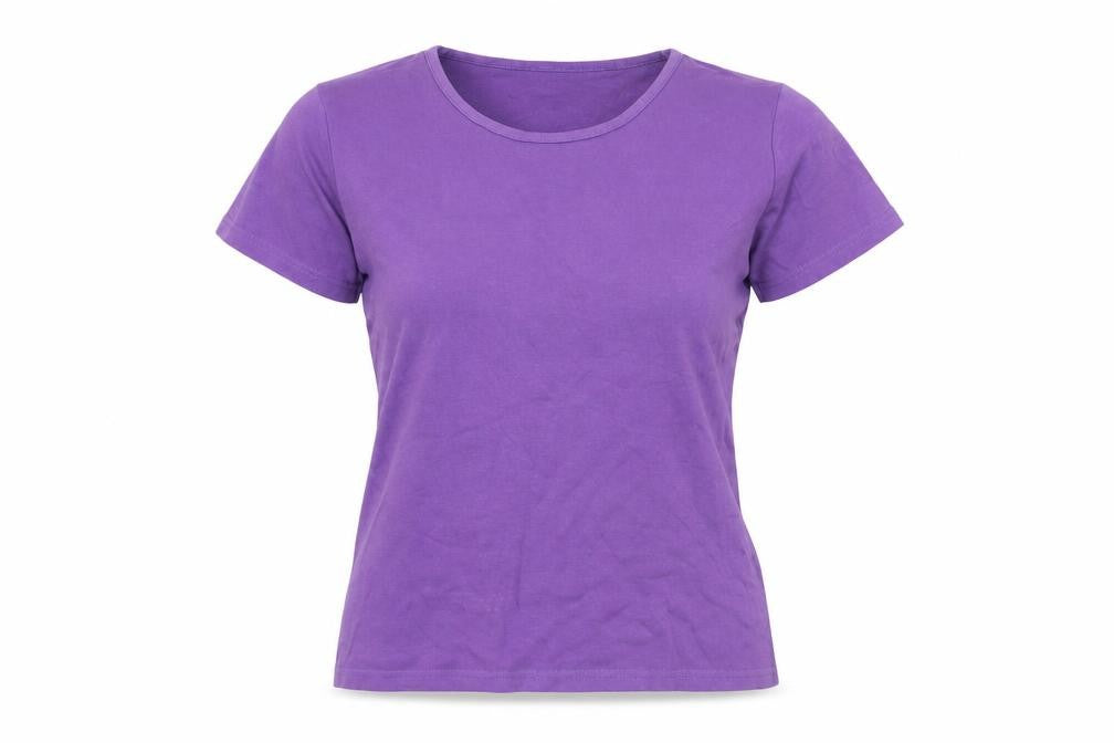 Front view of Andrew Marc women’s purple cotton basic t-shirt, size M, round neck