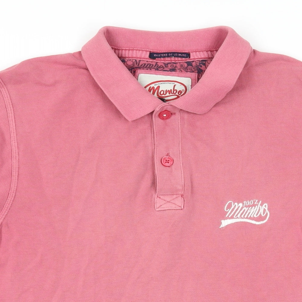 Mambo Mens Pink Cotton Polo Size M Collared Button - Logo