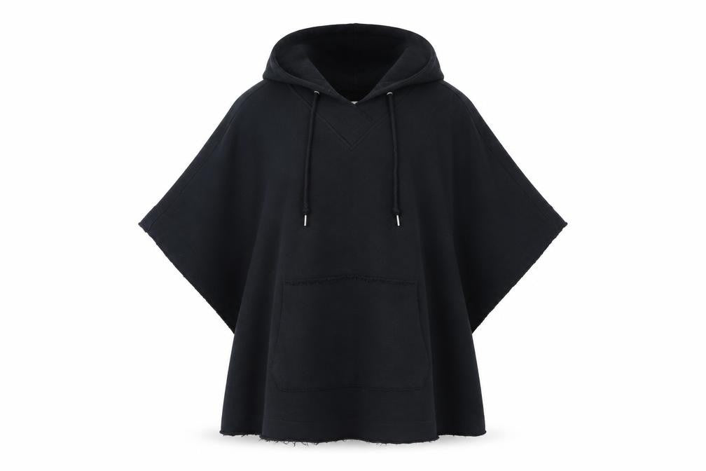 Front view of ESPRIT women’s black cotton pullover hoodie, size M, snap - oversized poncho style