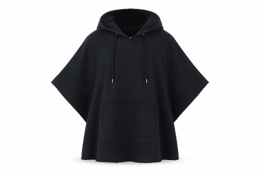 Front view of ESPRIT women’s black cotton pullover hoodie, size M, snap - oversized poncho style