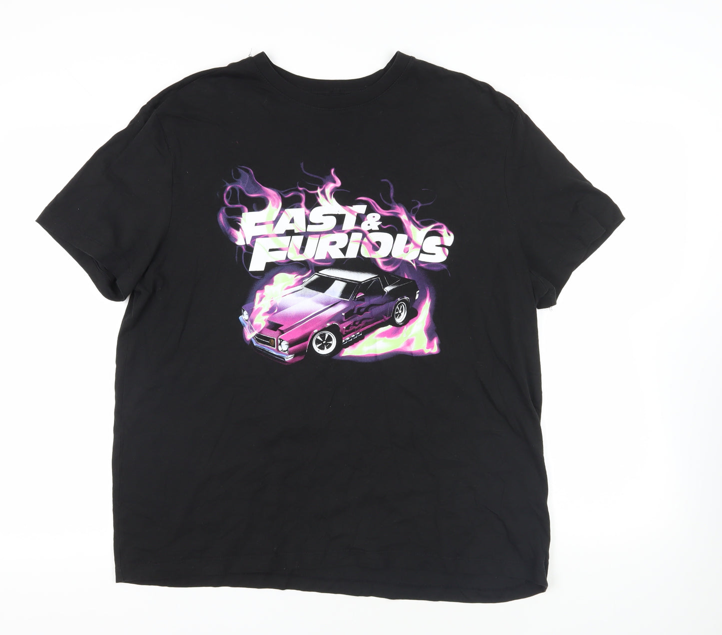 Fast & Furious Mens Black Cotton T-Shirt Size XL Crew Neck - Race Car