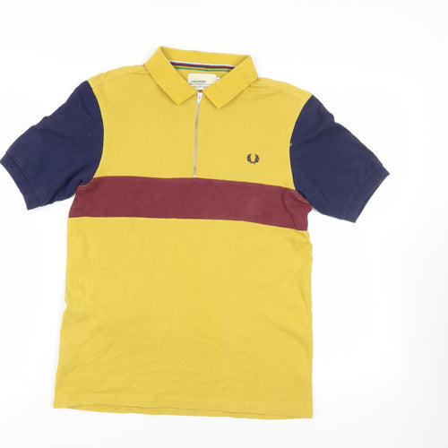Fred Perry Mens Yellow Colourblock Cotton Polo Size M Collared Zip - Logo