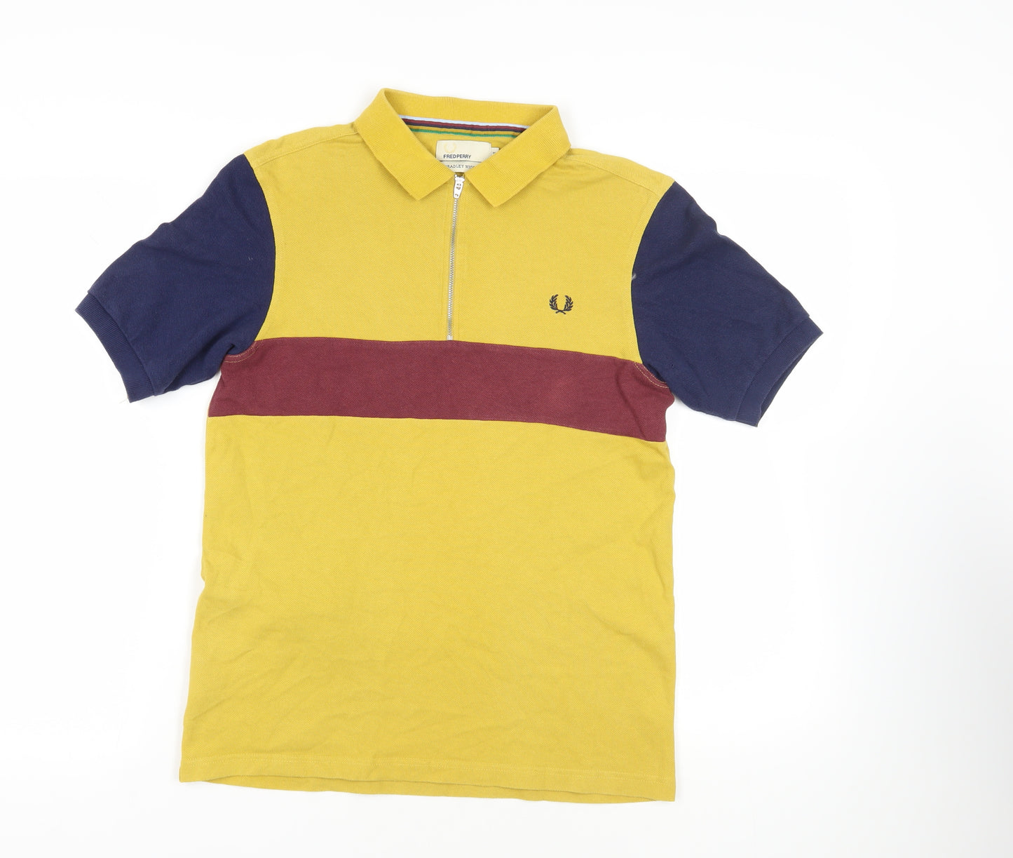 Fred Perry Mens Yellow Colourblock Cotton Polo Size M Collared Zip - Logo