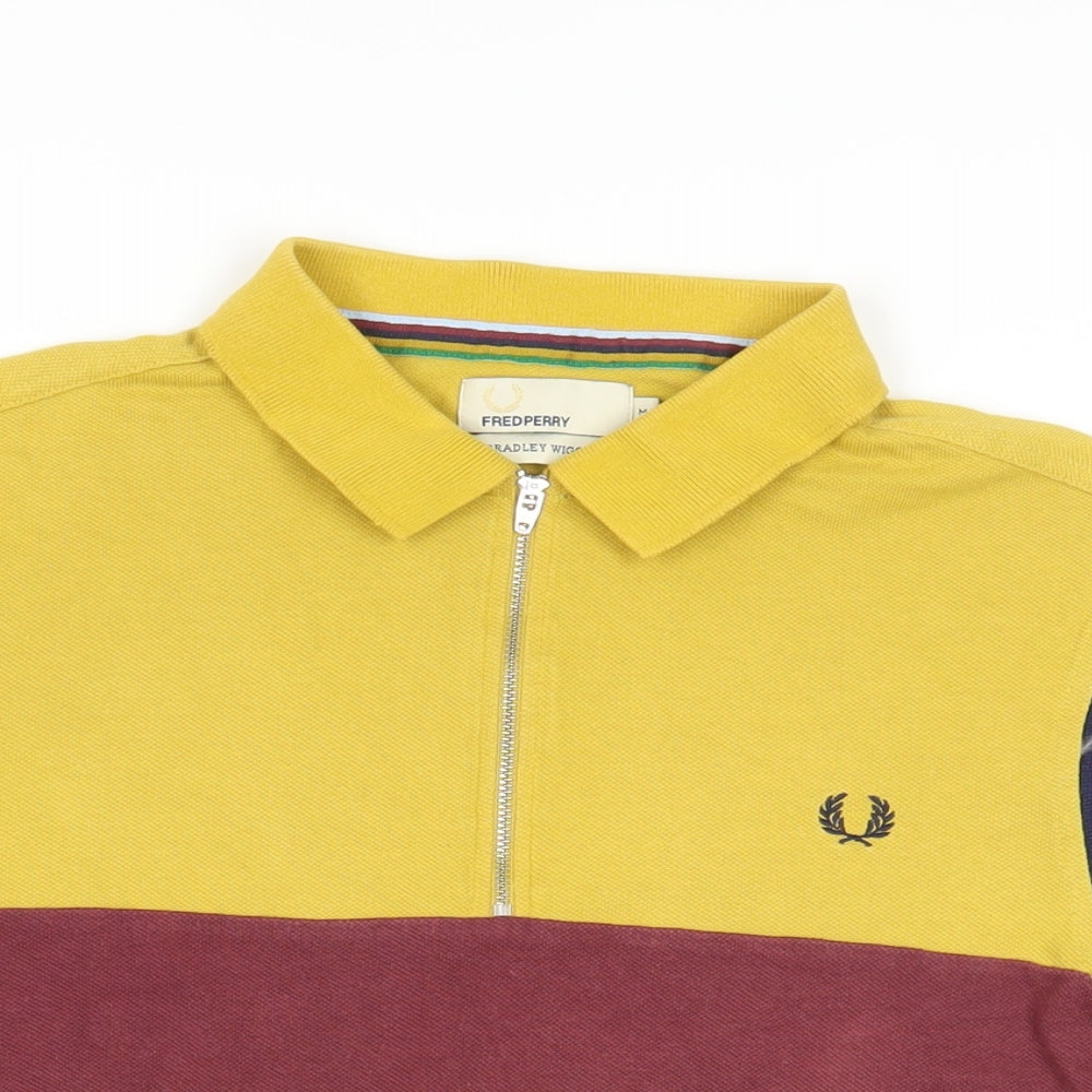 Fred Perry Mens Yellow Colourblock Cotton Polo Size M Collared Zip - Logo