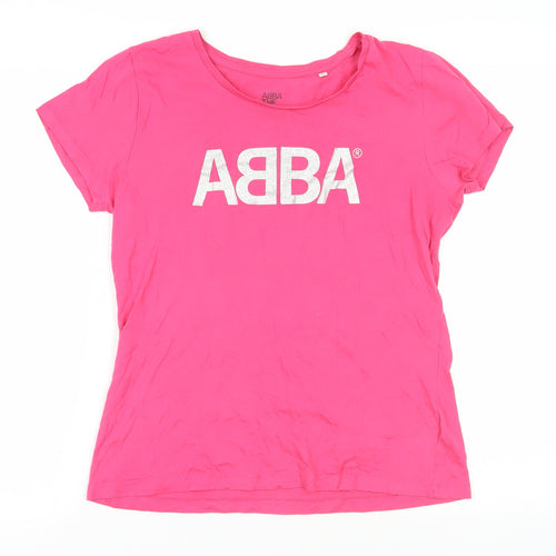 ABBA Womens Pink Cotton Basic T-Shirt Size M Round Neck - Glitter