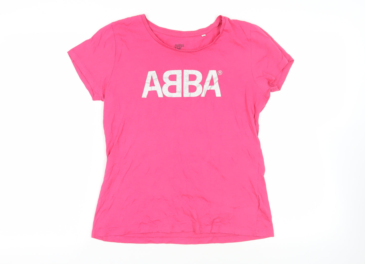 ABBA Womens Pink Cotton Basic T-Shirt Size M Round Neck - Glitter