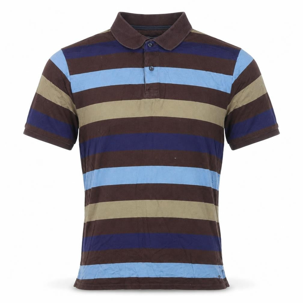 Front view of Blue Harbour men’s brown striped polyester polo, size S, collared button