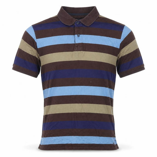 Front view of Blue Harbour men’s brown striped polyester polo, size S, collared button
