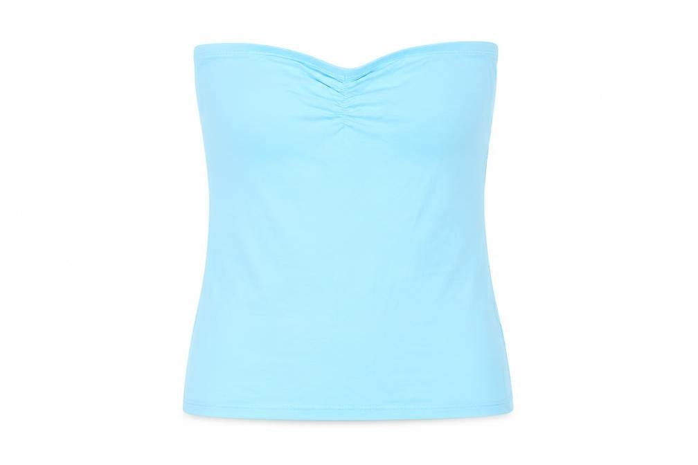 Front view of New Look women’s blue cotton basic t-shirt, size M, off the shoulder