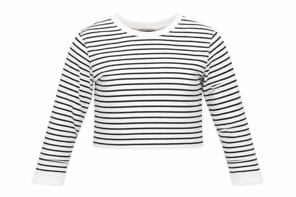 Front view of Zara women’s black striped cotton basic t-shirt, size S, boat neck