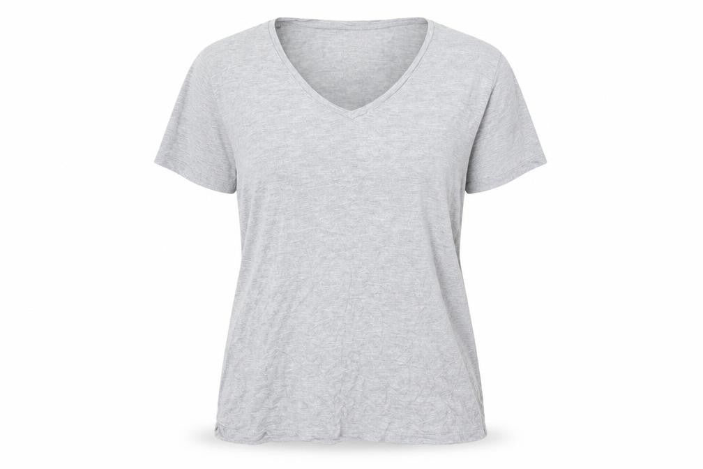 Front view of H&M women’s grey viscose basic t-shirt, size M, sweetheart