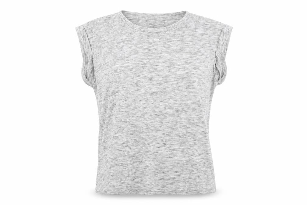 Front view of AX Paris women’s grey polyester basic t-shirt, size M, boat neck