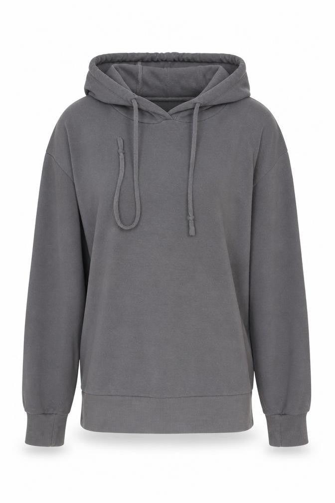 Front view of M&Co women’s grey polyester pullover hoodie, size UK 12, pullover