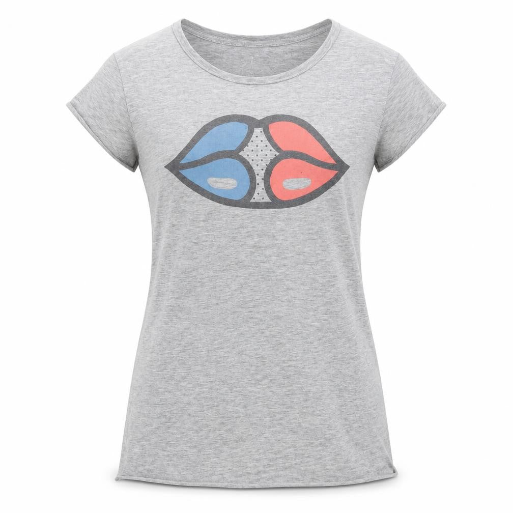 Front view of Frolics women’s grey cotton basic t-shirt, size L, scoop neck - graphic print lips