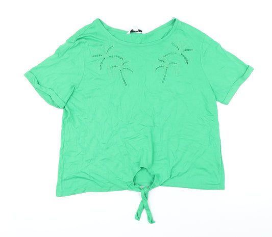 NEXT Womens Green Cotton Basic T-Shirt Size 14 Boat Neck - Palm tree decoration